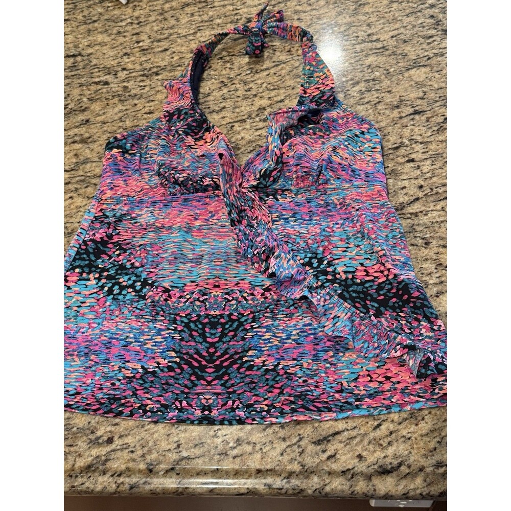 Love Your Assets By Spanx Pink Watercolor Ruffle Tankini Halter Swim Top Large
